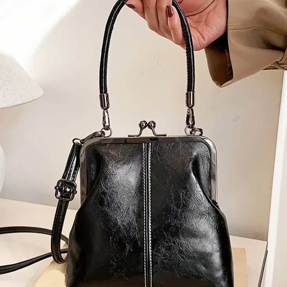 Black Glossy Faux Leather Shoulder Bag with Metal Clasp